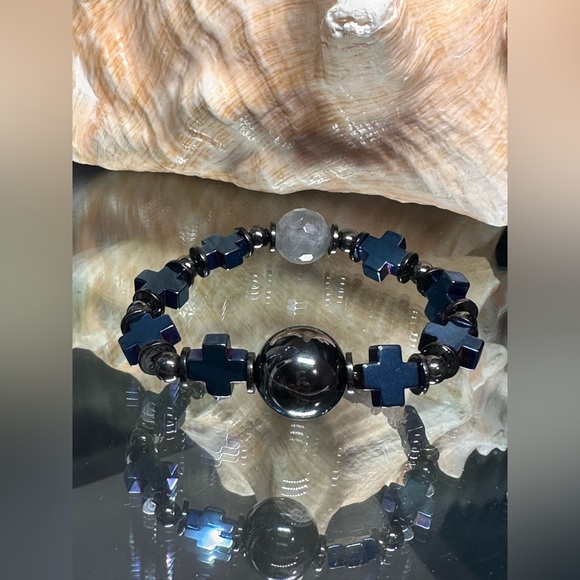 HEMATITE + QUARTZ NATURAL STONES  BRACELET size 7” - Picture 14 of 16